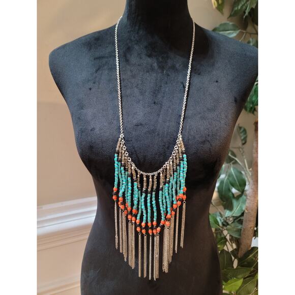 Womens Bohemian Beaded Statement Necklace With Turquoise Coral And Lobster Clasp - Picture 1 of 5